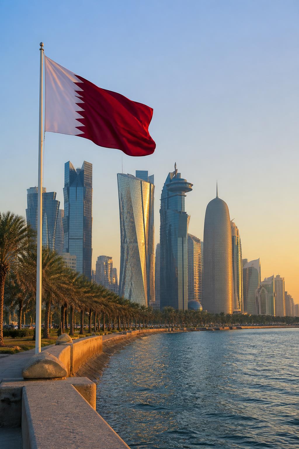 كورنيش الدوحة وأبراج قطر مع علم دولة قطر